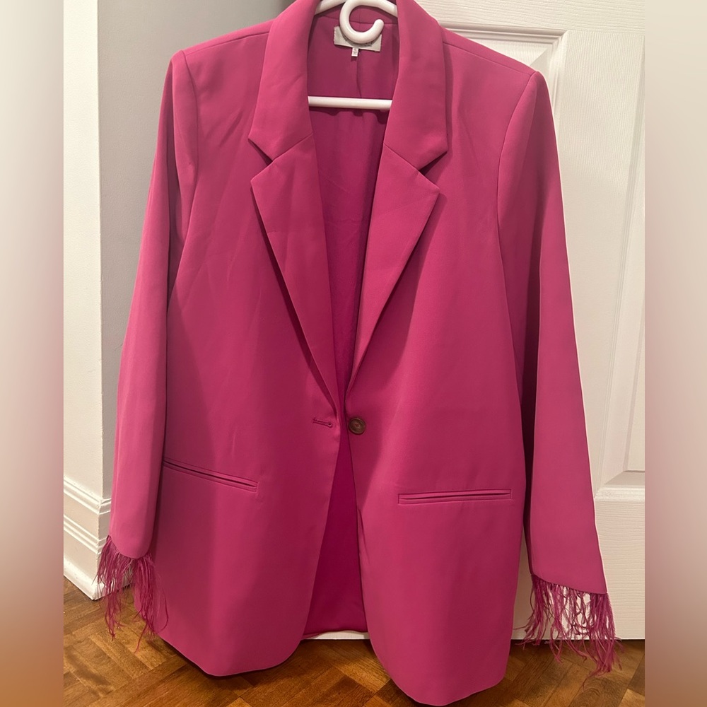 WAYF Romee Feather Trim Blazer in Pink- L